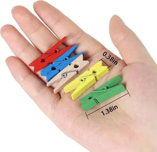 Vista 4 de HSTECH 100 piezas de mini pinzas de madera natural verde y 25 m de cuerda de yute, pinzas para ropa de bebé, pinzas de 3.5 cm para manualidades