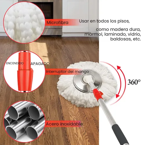 Vista 4 de Trapeador giratorio y cubo con juego de escurridor, sistema de cubo giratorio de 360° con 3 cabezales de repuesto de mopa de microfibra y mango