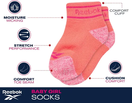 Vista 3 de Reebok Paquete de 6 calcetines cómodos de corte de un cuarto para niña (bebébebé)