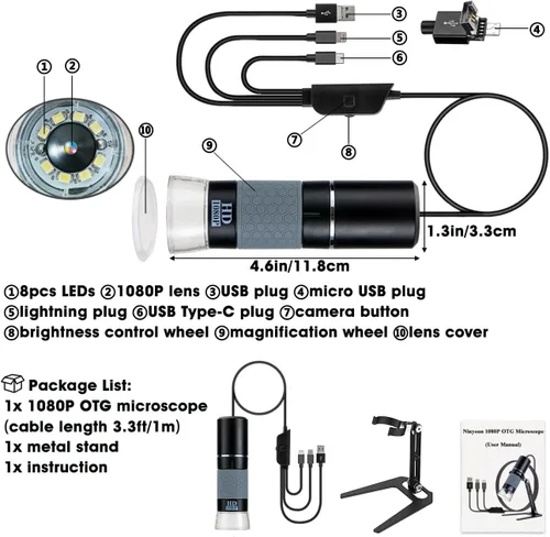 Vista 6 de Microscopio Digital USB Full HD 1080P para iPhone iPad Android PC, Microscopio Portátil de Mano de Alta Definición 50-1000X con Luz para Monedas