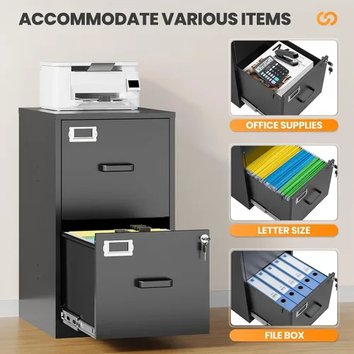 Vista 4 de Archivador de 2 cajones con cerradura, archivadores metálicos para oficina en casa, gabinete pequeño vertical negro para oficina en casa, archivador