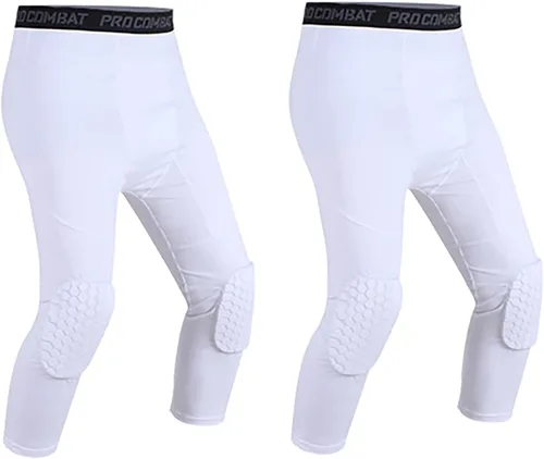 Vista 12 de Paquete de 2 pantalones de baloncesto para hombre con rodilleras 3/4 capri acolchadas, mallas de compresión deportivas, capa base atlética