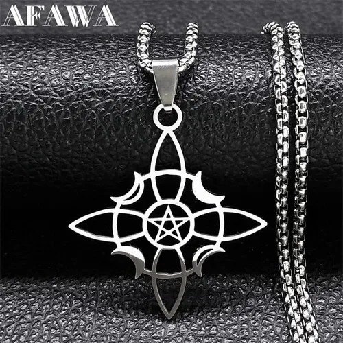 Vista 2 de Witch Pentagram Celtic Knot Necklace Stainless Steel Crescent Moon Star Necklaces Wicca Jewelry
