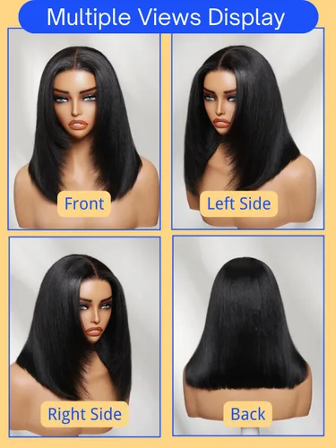 Vista 4 de Nadula Yaki - Peluca de cabello humano lacio estilo Bob con cordón y capas de enmarcar la cara, densidad del 180%, sin pegamento, 7x5 Bye Bye Knots