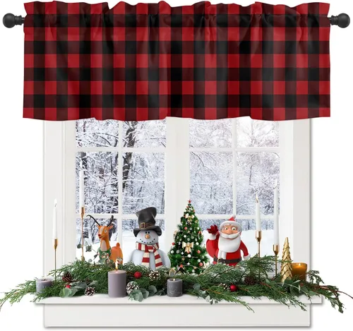 Vista 23 de Cenefa de cortina con lazo rojo de Navidad para ventanas, sala de estar, cocina, baño, granja, bolas de Navidad de acuarela con diseño de bayas