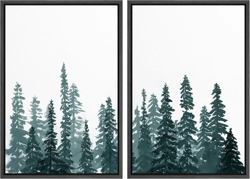 Vista 93 de SIGNWIN Lienzo enmarcado para pared, juego de arte con anillos de árbol de bosque grunge en blanco y negro, ilustraciones de naturaleza silvestre