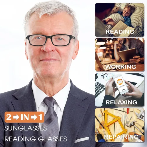 Vista 4 de Gafas de lectura anchas con luz azul para computadora, diseño deportivo, marco para cabeza grande, lentes fotocromáticos tintados