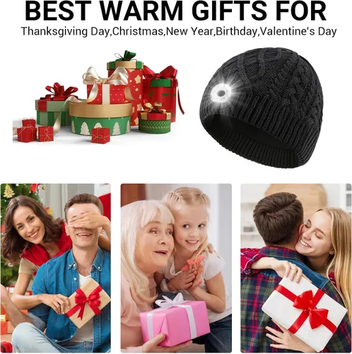 Vista 6 de Beanie with Light, Unisex LED Rechargeable Headlamp Beanie, Warm Knitted Cap Black, Idea for Winter Gifts Negro