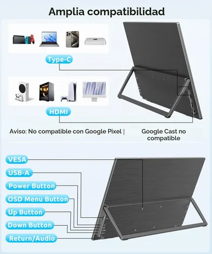 Vista 8 de Monitor portátil inalámbrico para portátil con batería, 15.6" 1080P IPS Negro