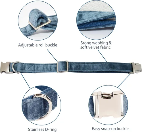Vista 2 de Bubblepup Collar de terciopelo para perro, collar suave para perros pequeños, medianos y grandes Azul