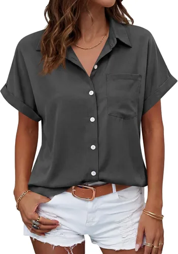 Vista 22 de Beautife Camisas con botones para mujer, blusas de manga corta Albaricoque