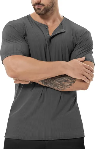 Vista 3 de Camiseta de manga corta para hombre, estilo Henley, para gimnasio, ajustada, camiseta atlética de manga corta, camiseta clásica casual