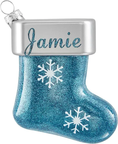 Vista 9 de Let's Make Memories Adorno de Navidad personalizado, cristal con forma de calcetín con purpurina, nombre grabado con láser, tono de joya, adorno