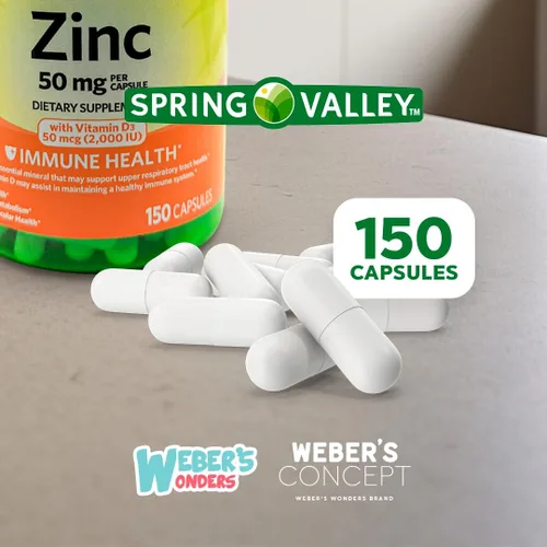 Vista 2 de Spring Valley Zinc 50 mg con vitamina D3, paquete de apoyo inmunológico con "Zinc: Wellness Guide" por Weber's Nutritional Concept