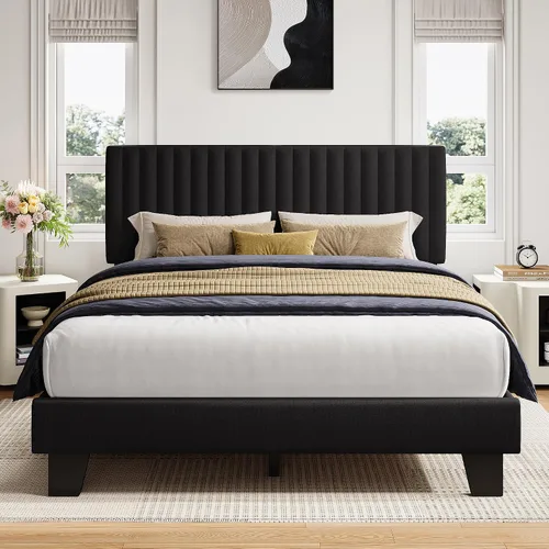 Vista 8 de iPormis Base de cama tamaño twin, cama de plataforma tapizada con cabecera de lino vertical, patas de cama anchas y soporte de listones de madera