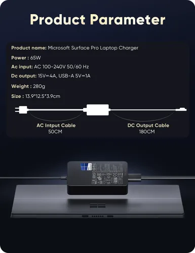 Vista 5 de Cargador Microsoft Surface Pro para 65W Windows Surface Charger 11,10,9,8,7+,7,6,5,4,3,X.Surface Laptop 6,5,4,3,2,1, Surface Go 3,2,1, Tablet