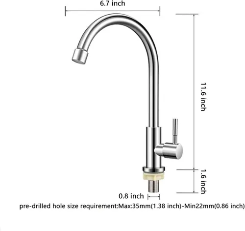 Vista 5 de Solo grifo de agua fría, níquel cepillado, acero inoxidable de un solo mango, grifos de un solo agujero, grifo de fregadero de agua fría de arco