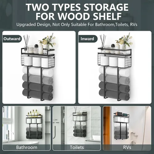 Vista 4 de Xstydes Toalleros para baño, toallero de metal con cesta de almacenamiento, toallero de pared para toallas enrolladas, almacenamiento de toallas