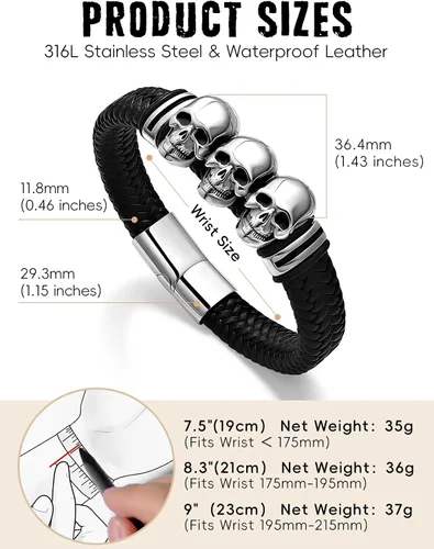 Vista 5 de Pulseras de cuero trenzado de calavera gótica para hombres y mujeres, acero inoxidable 316L, chapado en oro de 18 quilates, pulsera de cuero tejida
