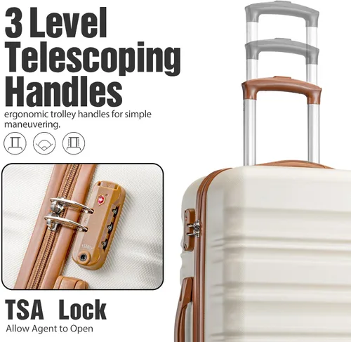 Vista 3 de LONG VACATION Juego de equipaje de 4 piezas de ABS hardshell TSA Lock Spinner Ruedas equipaje de mano en maleta, Blanco (White-Brown), Abs Hardshell