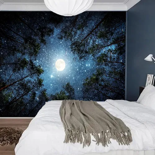 Vista 7 de Apdidl Tapiz estrellado de galaxia forestal para techo de dormitorio, espacio azul, cielo estrellado, luna, estrellas, tapiz estético, telón