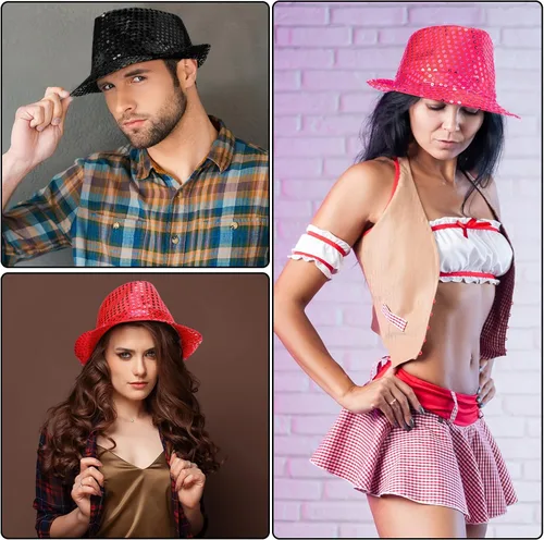 Vista 7 de 6 piezas de sombrero de lentejuelas occidentales Fedora sombreros de baile brillantes sombreros de lentejuelas brillantes para hombre y mujer