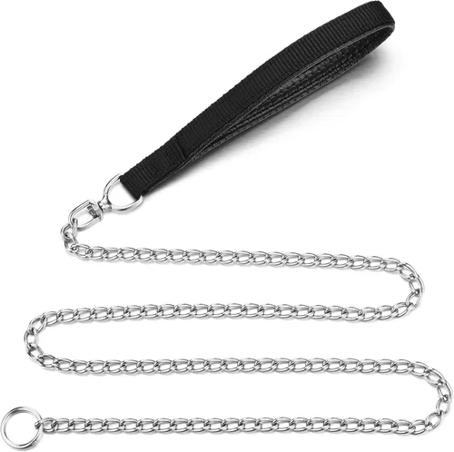 Vista 2 de Correa y collar de metal para perro, cadena a prueba de mordidas de 4 pies con cadena en P, correa resistente para mascotas con mango acolchado