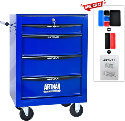 Vista 6 de Runboll Caja de herramientas con 4 cajones con taquilla, 20.9 pulgadas de profundidad de metal movible con cerradura, caja de almacenamiento