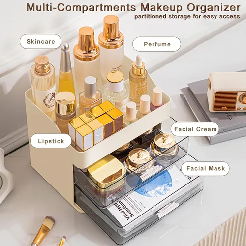 Vista 2 de DASITON Organizador de maquillaje con 2 cajones, organizador de cosméticos de maquillaje de gran capacidad para tocador, tocador de baño