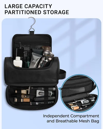 Vista 3 de Elviros - Neceser de aseo personal para hombre, organizador de viaje de cuero PU, con gancho para colgar, bolsas de afeitado para el baño de gran