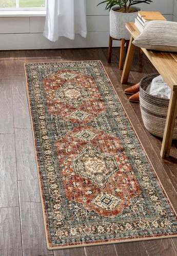 Vista 60 de Lahome Alfombra oriental lavable de área pequeña, 2 x 3 pies, para entrada, cocina, ultra fina, suave, tapete antideslizante para puerta de Azul