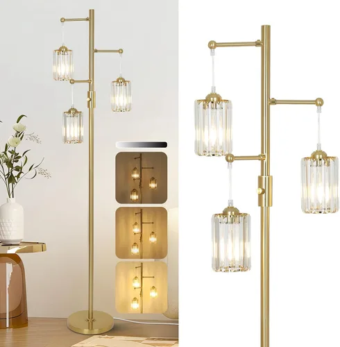 Vista 9 de Lámparas de pie de cristal dorado para sala de estar, 3 luces regulables, lámpara de pie moderna con pantalla de cristal, interruptor de atenuación