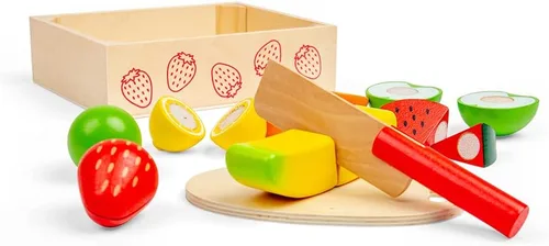Vista 4 de Bigjigs Toys Caja de madera para cortar frutas con tabla de cortar y cuchillo - Juguetes de comida para jugar