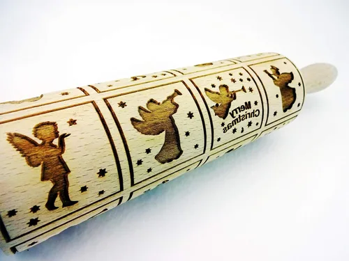 Vista 5 de Rodillo de amasar con relieve de ángeles navideños FELIZ NAVIDAD para decorar galletas de jengibre navideñas