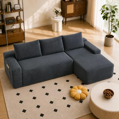 Vista 20 de Sofá seccional negro de 96.9 pulgadas, sofá modular de pana sin hueso con resortes y espuma de alta resistencia, asiento profundo compacto de gran
