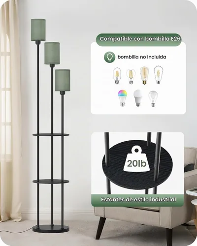Vista 3 de Lámpara de pie con estantes, moderna lámpara de pie con 3 pantallas de lino e interruptor de pie, lámpara de pie de 3 luces, para sala de estar