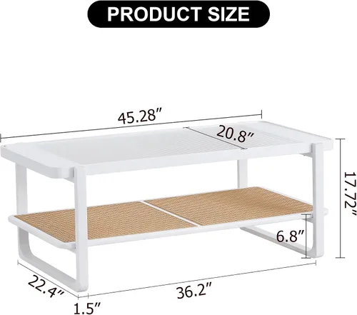 Vista 2 de Mesa de centro moderna minimalista blanca de doble capa de madera maciza. Mesa de cristal, mesa con borde de ratán de imitación. Mesa rectangular