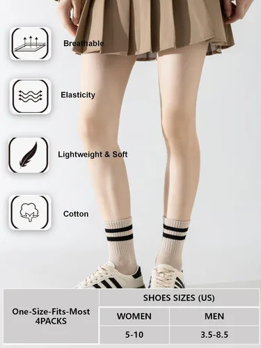 Vista 2 de YUWELL Calcetines crew a rayas para mujer, calcetines casuales de algodón cómodos para mujer, 4 pares, talla 5-10