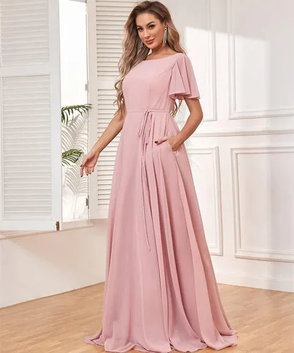 Vista 4 de Vestidos de dama de honor de manga corta para mujer, vestido formal de fiesta de noche