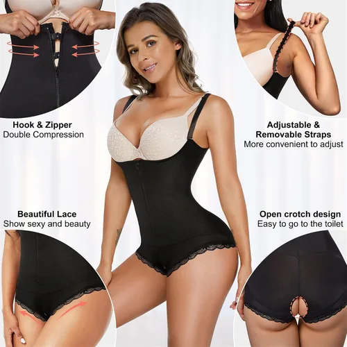 Vista 3 de Eleady Body de entrenamiento de cintura de látex para mujer, faja moldeadora de cuerpo completo, corsé de busto abierto, Negro
