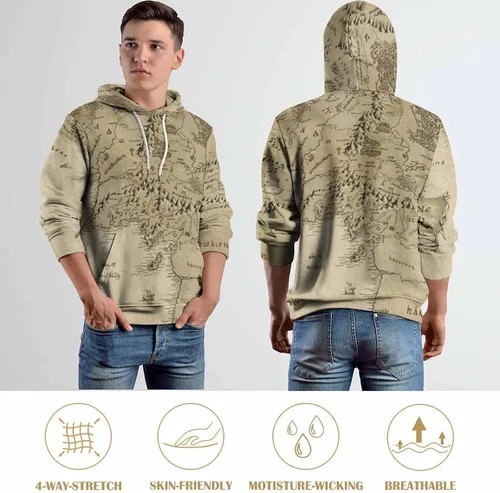 Vista 7 de Bagea-Ka Sudadera con capucha unisex con estampado de mapa de la Tierra Media con bolsillos, estampado 3D para hombres y mujeres