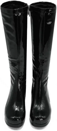 Vista 3 de MAVMAX Botas altas hasta la rodilla de charol para mujer, tacón grueso, plataforma, cremallera, punta redonda