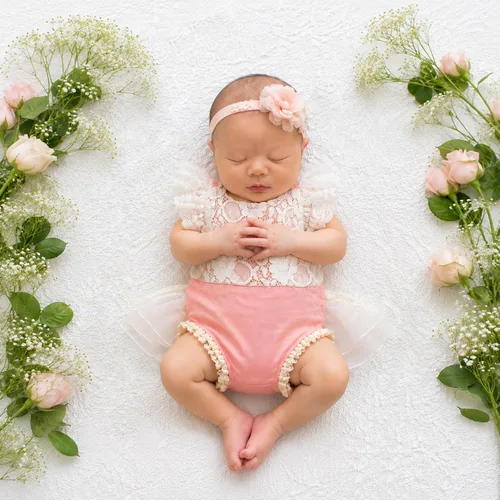 Vista 6 de ForBaysy Accesorios de Fotografía para Recién Nacidos Conjunto de Niña Mameluco de Encaje a Juego con Linda Diadema de Flores Vestido para Recién