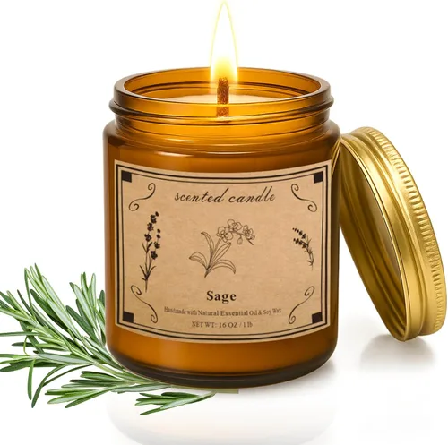 Vista 9 de Velas perfumadas, vela de cera de soja de tarro grande de 16 oz – Ámbar y sándalo con mezcla premium de cera vegetal para una combustión constante