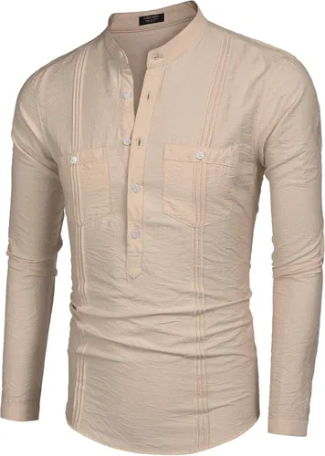 Vista 8 de COOFANDY Camisa Henley de lino para hombre, de manga larga, casual, hippie, de algodón, para playa