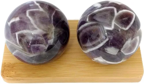 Vista 2 de Top Chi Bolas Baoding de amatista con soporte de bambú para terapia de manos, ejercicio y alivio del estrés (mediano 1.6 pulgadas)