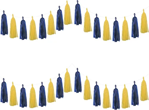 Vista 3 de 20 guirnaldas de borlas azules y amarillas para decoraciones de fiesta
