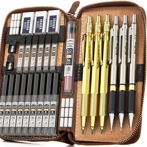 Vista 9 de Nicpro - Juego de 30 lápices mecánicos artísticos en estuche de cuero, lápices metálicos de dibujo de 0.02 pulgadas, 0.03 pulgadas, 0.04 pulgadas