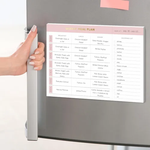 Vista 3 de Sweetzer & Orange Planificador semanal de comidas y lista de comestibles, bloc de notas magnético. Almohadilla de planificación de comidas rosa