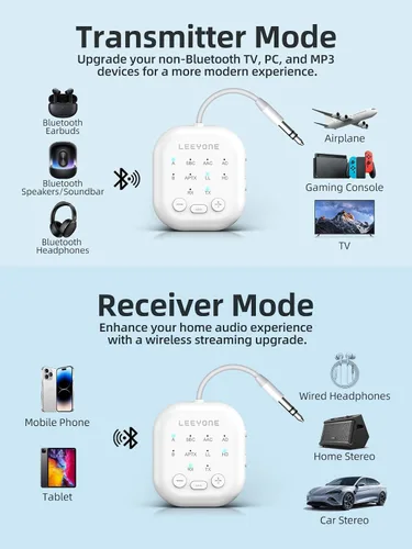 Vista 2 de Receptor transmisor Bluetooth 5.4, transmisor inalámbrico 2 en 1 de baja latencia para avión, TV, PC, interruptor, compatible con emparejamiento